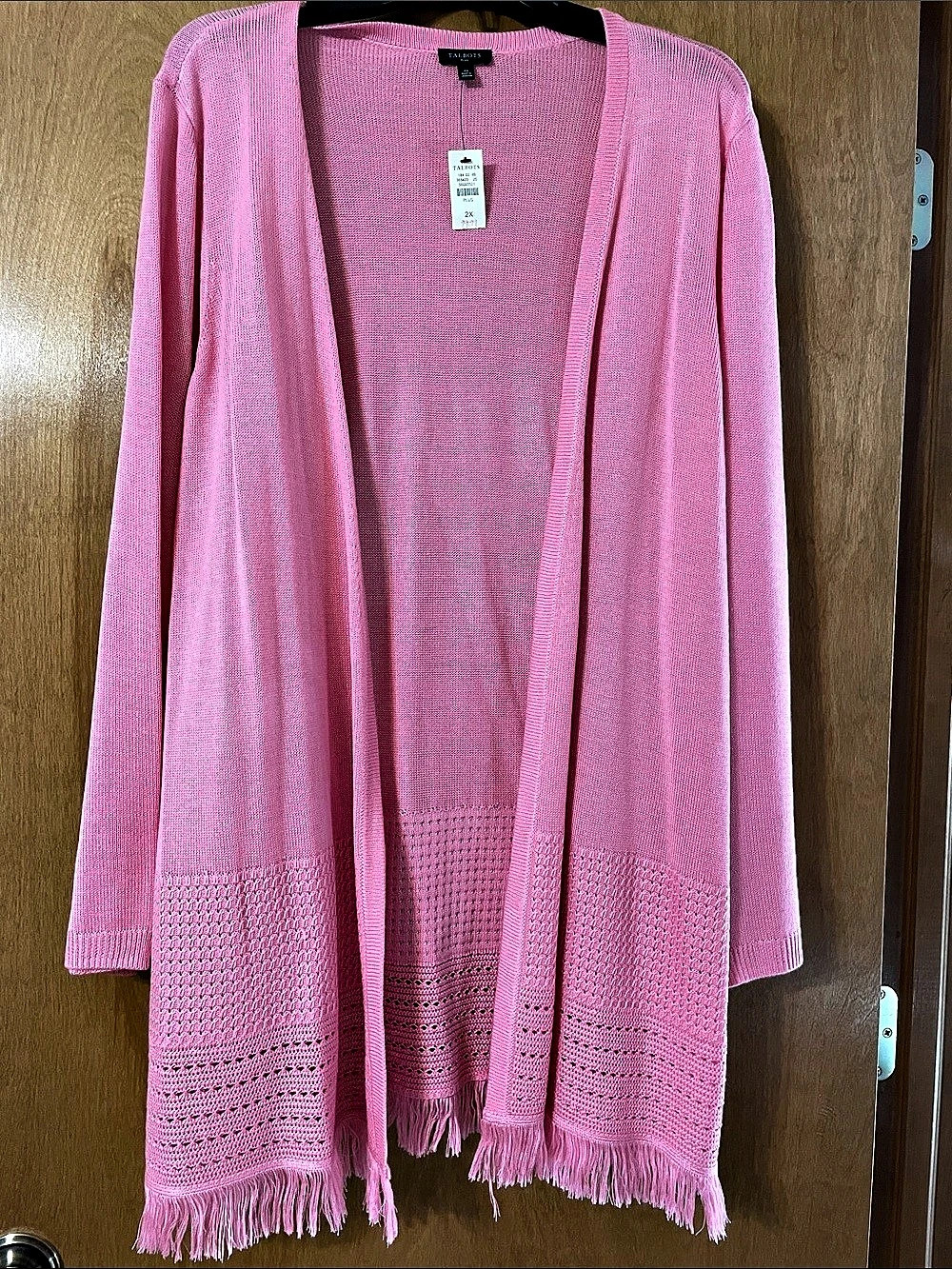 Talbots Textured Fringe Open Front Cardigan Pink Size 2X